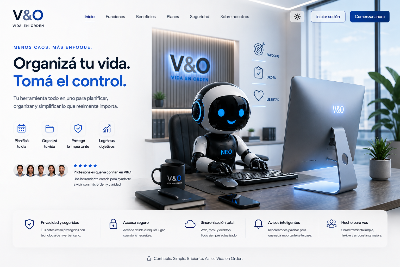 NEO, el asistente virtual de Vida en Orden, trabajando en su escritorio